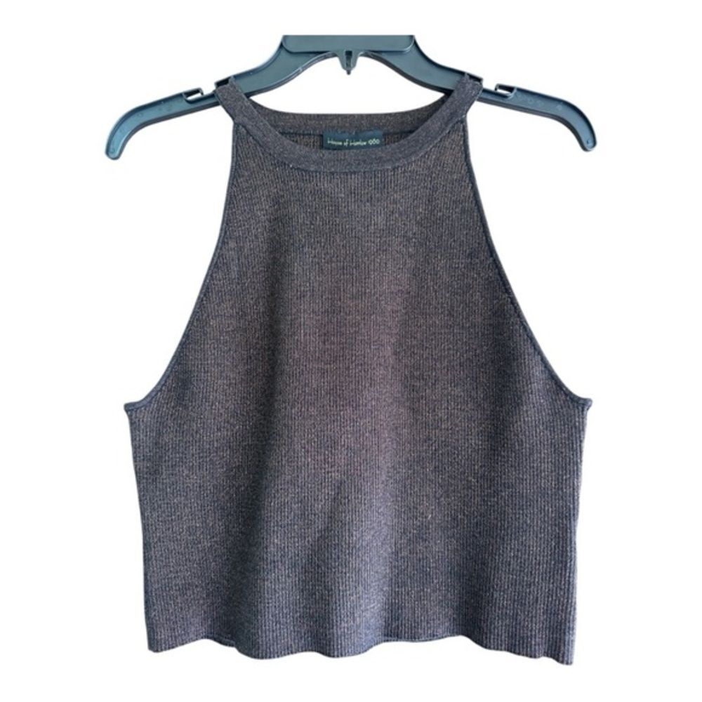 House of Harlow 1960 Metallic Ribbed Mock Neck Tank L Bronze Brown Halter Knit